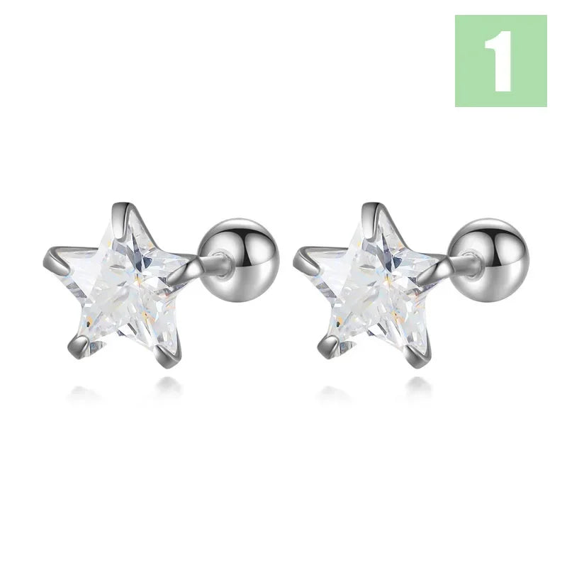 Romantic Star CZ Bead Screw Stud Earrings DS4122