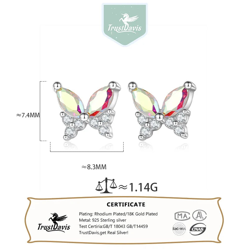 TrustDavis 2024 Real 925 Sterling Silver Romantic Butterfly CZ Stud Earring For Women Daughter Birthday Gift Fine Jewelry DS4609