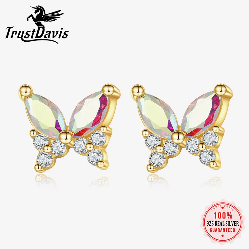 TrustDavis 2024 Real 925 Sterling Silver Romantic Butterfly CZ Stud Earring For Women Daughter Birthday Gift Fine Jewelry DS4609