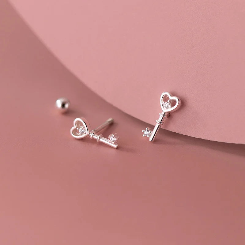 Love Gift Heart Key CZ  Screw Stud Earrings DS3378