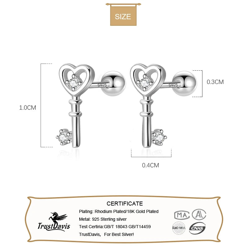 Love Gift Heart Key CZ  Screw Stud Earrings DS3378