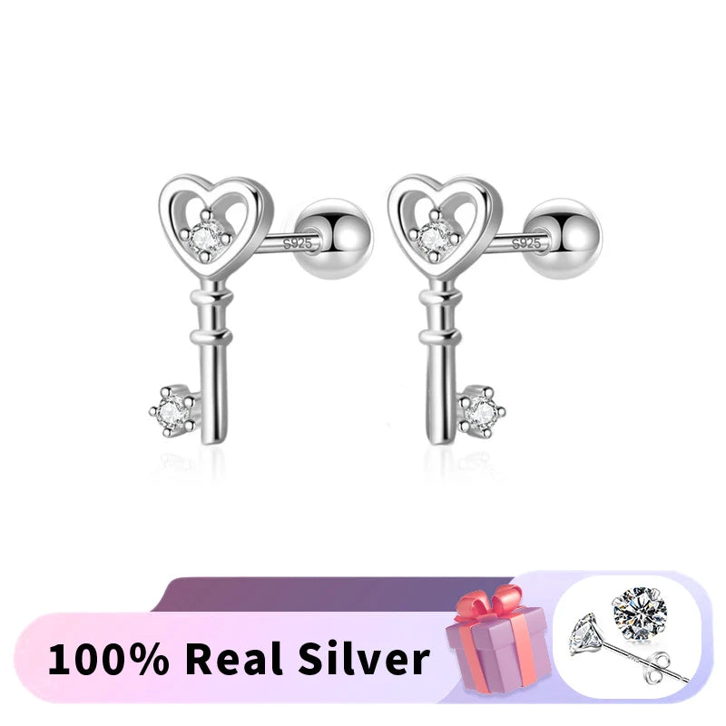 Love Gift Heart Key CZ  Screw Stud Earrings DS3378