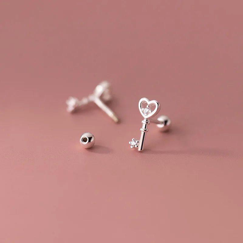 Love Gift Heart Key CZ  Screw Stud Earrings DS3378