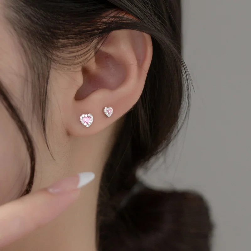 Cute Pink Love Heart CZ Stud Earrings DS3828