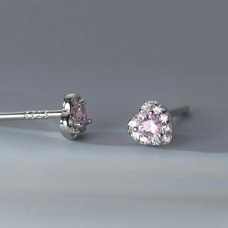 Cute Pink Love Heart CZ Stud Earrings DS3828