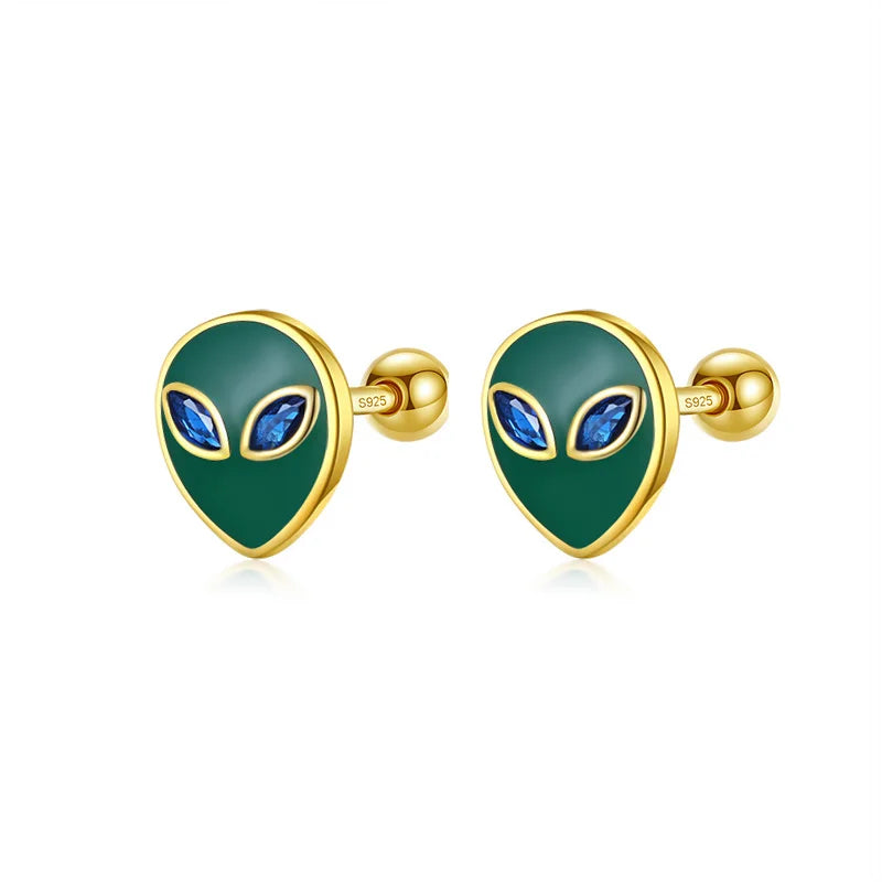 Kids Green Glaze Aliens CZ Screw Stud Earrings DF2020