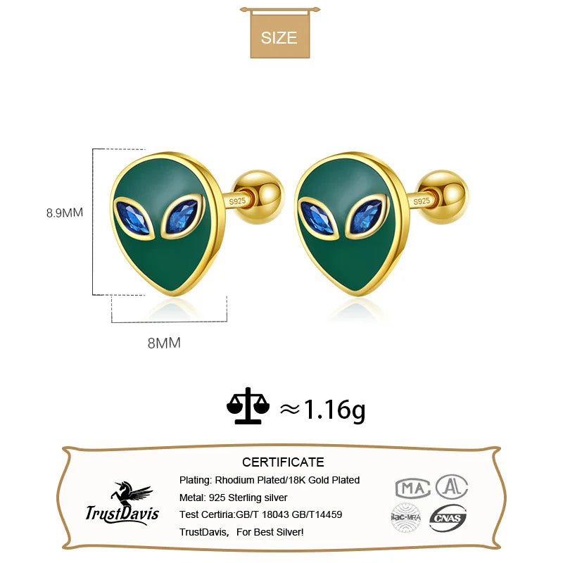 Kids Green Glaze Aliens CZ Screw Stud Earrings DF2020