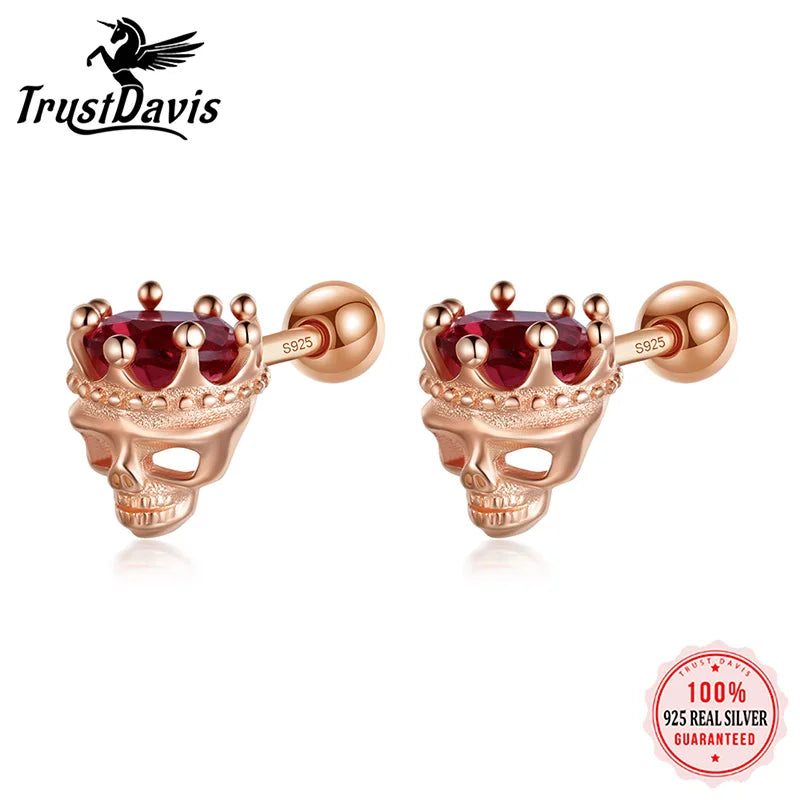 Red Zircon Crown Skull Head Screw Stud Earrings DF2028