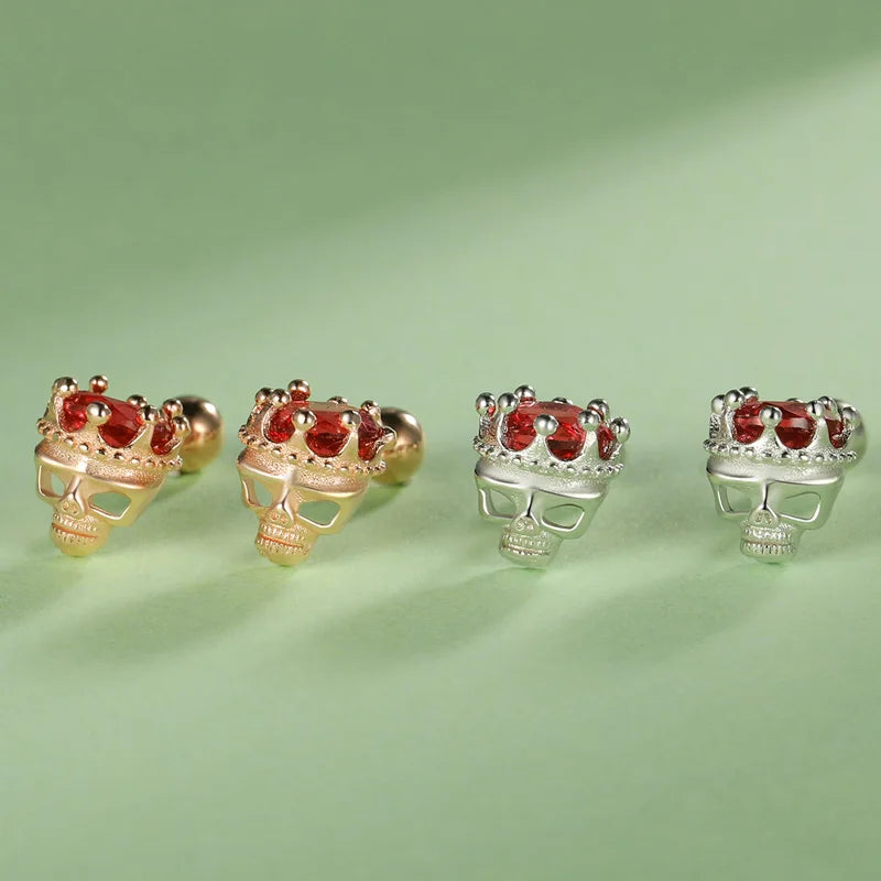 Red Zircon Crown Skull Head Screw Stud Earrings DF2028