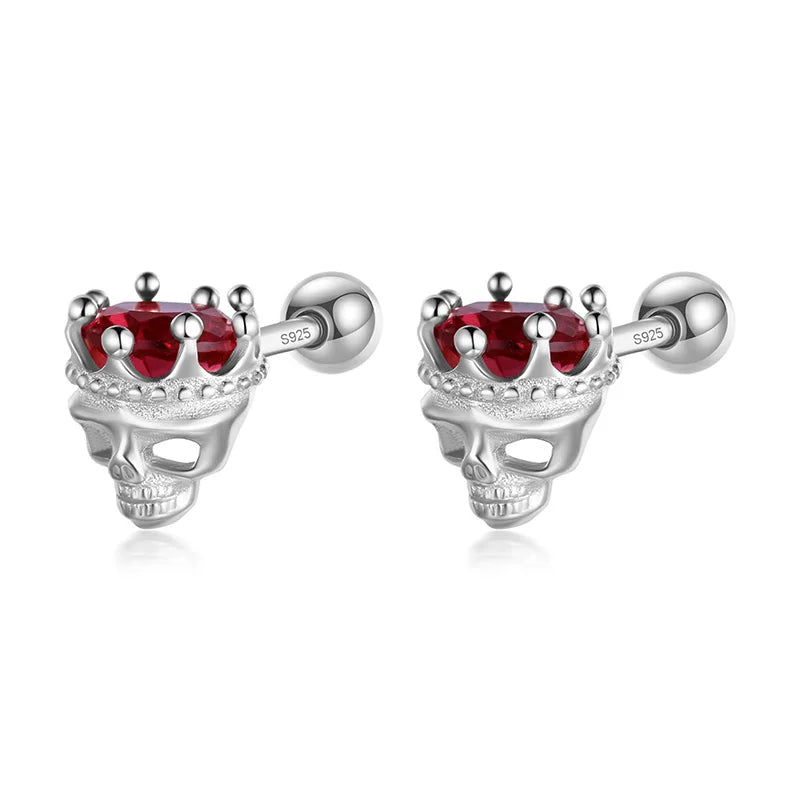 Red Zircon Crown Skull Head Screw Stud Earrings DF2028