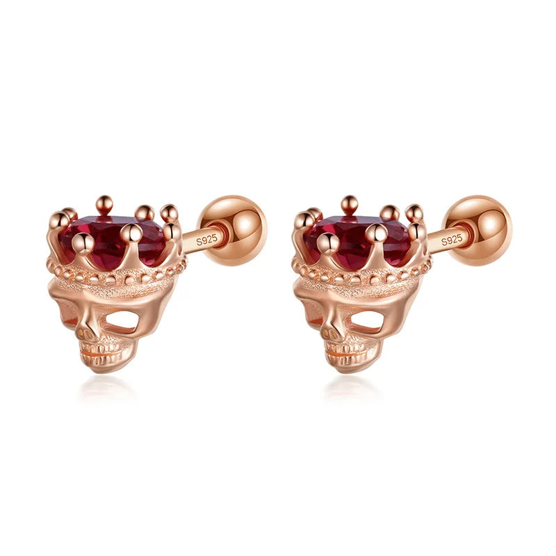 Red Zircon Crown Skull Head Screw Stud Earrings DF2028