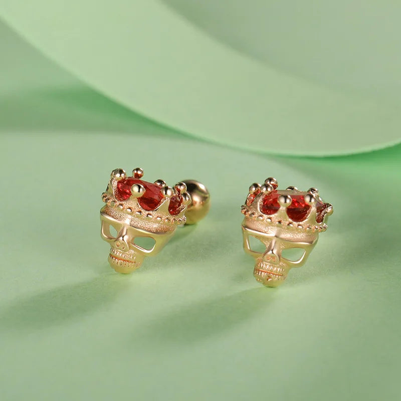 Red Zircon Crown Skull Head Screw Stud Earrings DF2028