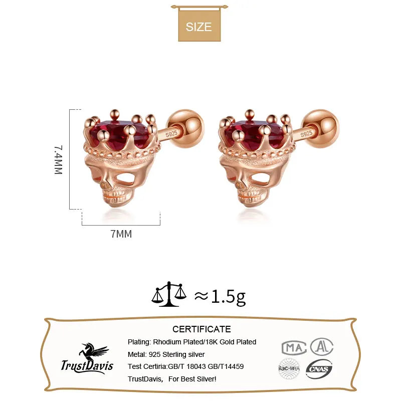 Red Zircon Crown Skull Head Screw Stud Earrings DF2028