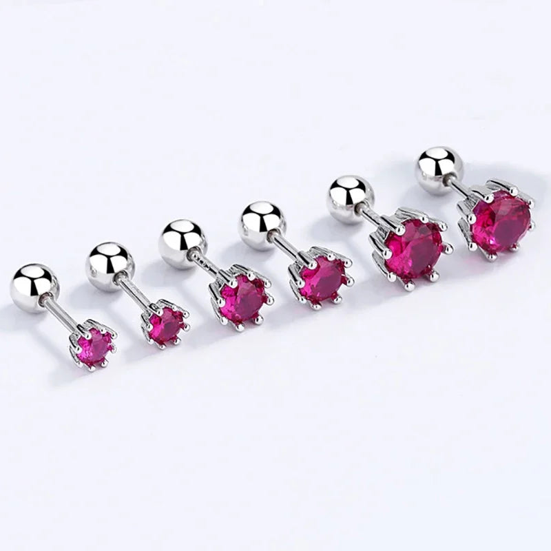 Fashion Eight Claw 4/5/6mm Rose Red CZ Screw Stud Earrings DA2584