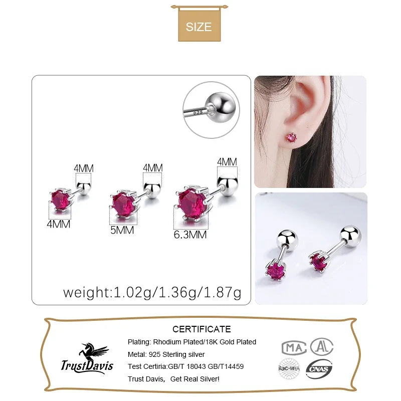 Fashion Eight Claw 4/5/6mm Rose Red CZ Screw Stud Earrings DA2584