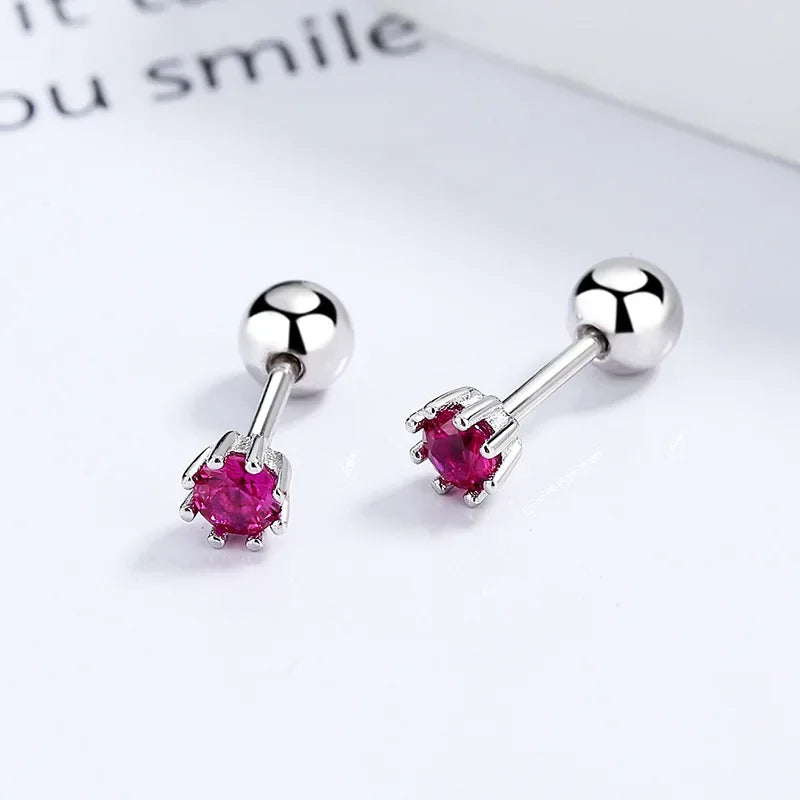 Fashion Eight Claw 4/5/6mm Rose Red CZ Screw Stud Earrings DA2584