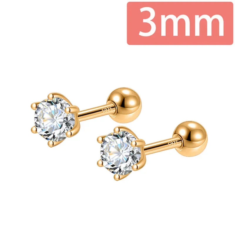 Fashion Gold Six Claw 3/4/5mm CZ Screw Stud Earrings DA2712