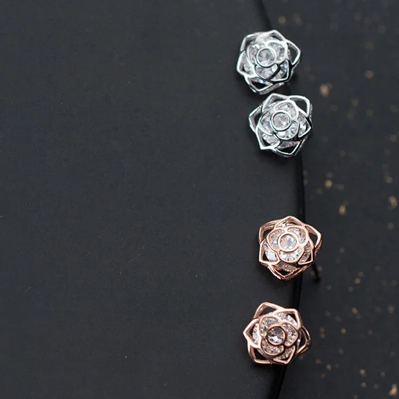 Fashion Rose Flower Shiny CZ Stud Earrings DA219