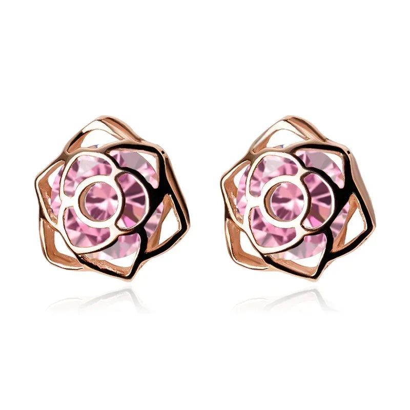 Fashion Rose Flower Shiny CZ Stud Earrings DA219