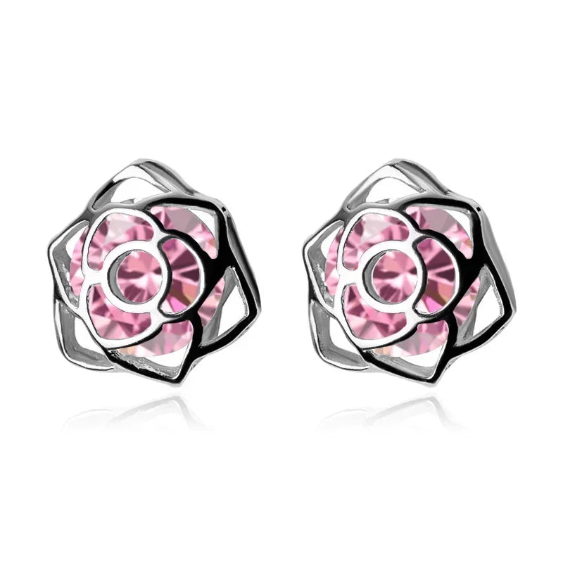 Fashion Rose Flower Shiny CZ Stud Earrings DA219