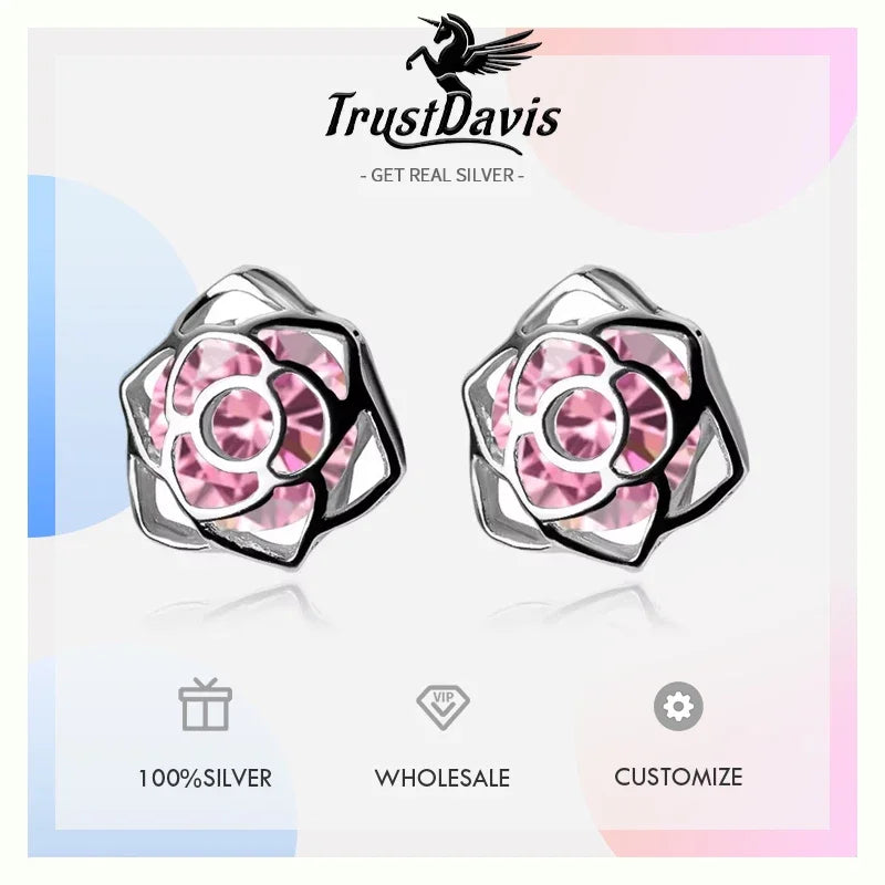 Fashion Rose Flower Shiny CZ Stud Earrings DA219