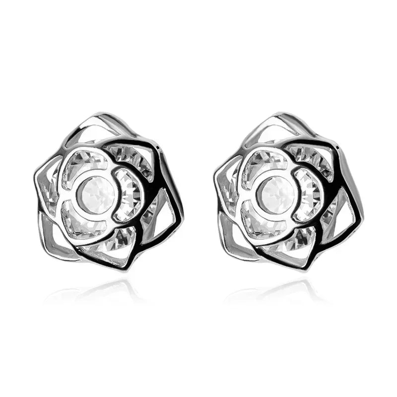 Fashion Rose Flower Shiny CZ Stud Earrings DA219