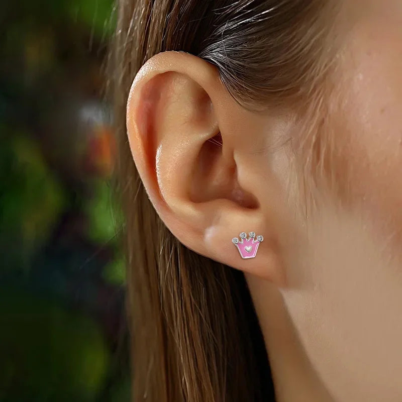 Pink Glaze Crown CZ Stud Earrings DK028