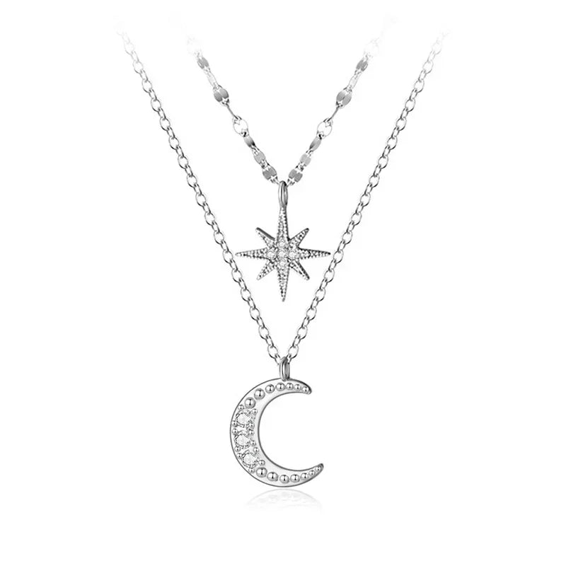 Double Beads Chain Star Moon CZ Choker Necklace DA1321