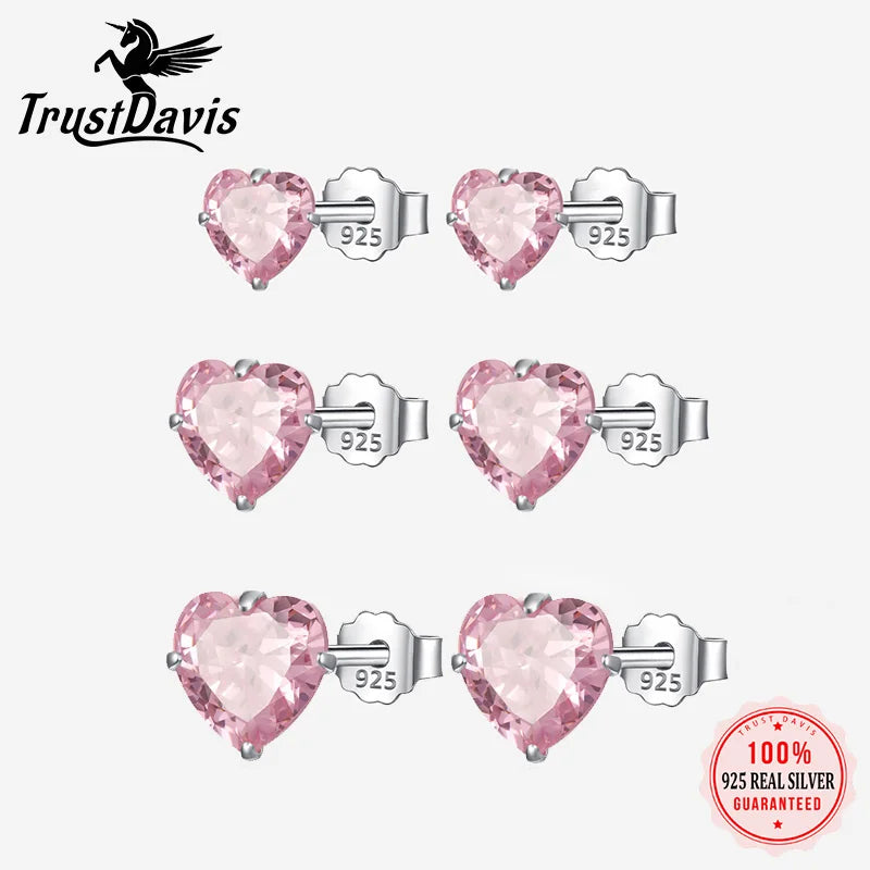 Cute Pink  Heart Charm Shiny CZ Stud Earrings DS3731