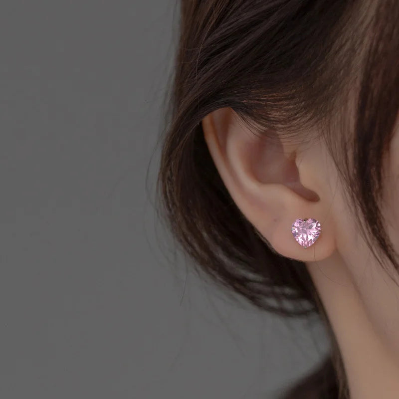 Cute Pink  Heart Charm Shiny CZ Stud Earrings DS3731