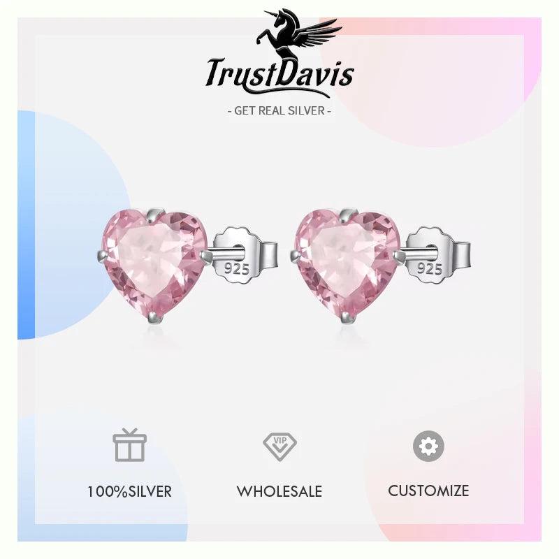 Cute Pink  Heart Charm Shiny CZ Stud Earrings DS3731