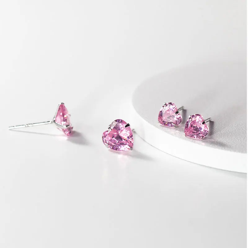 Cute Pink  Heart Charm Shiny CZ Stud Earrings DS3731