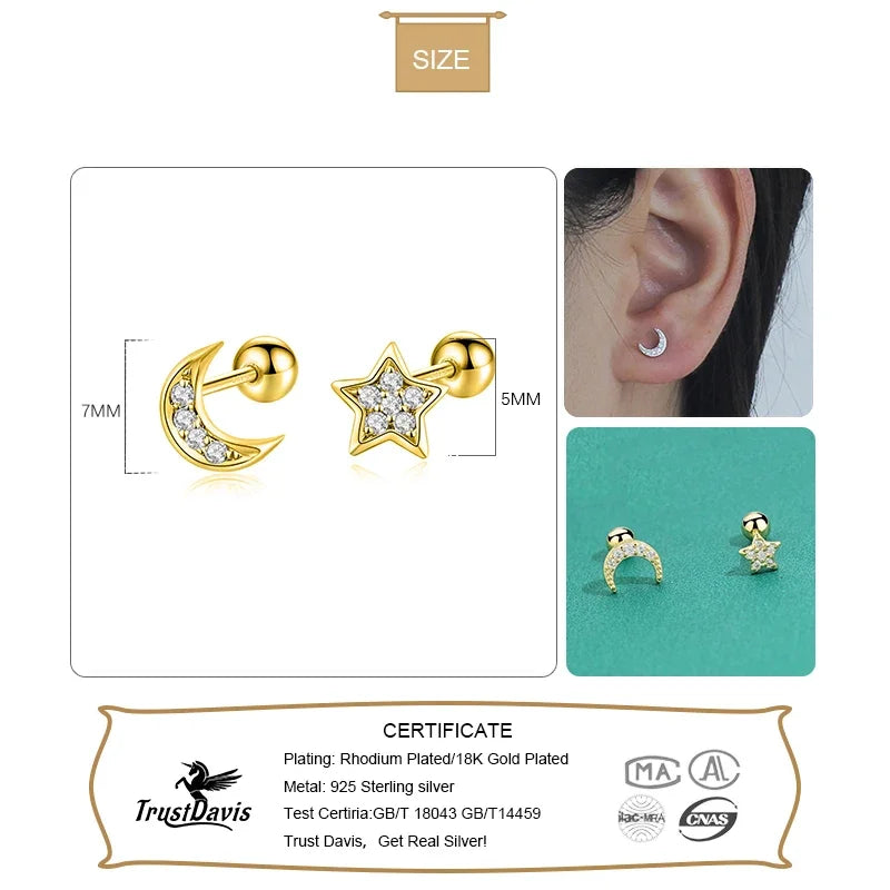 Fashion Moon Star CZ Beads Screw Stud Earring DA3019