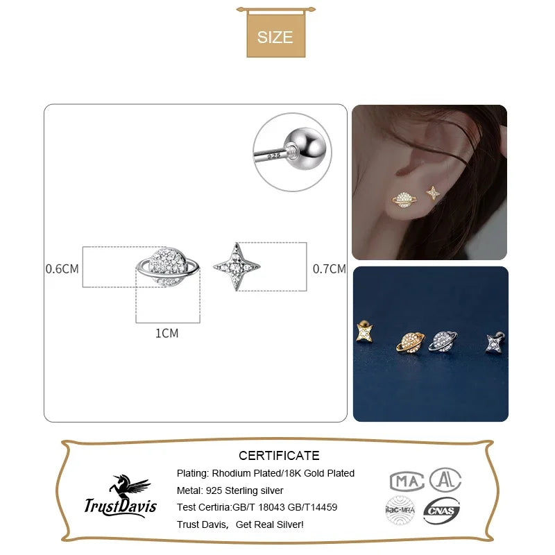 Fashion Asymmetric Planet Star CZ Screw Stud Earrings DA2514