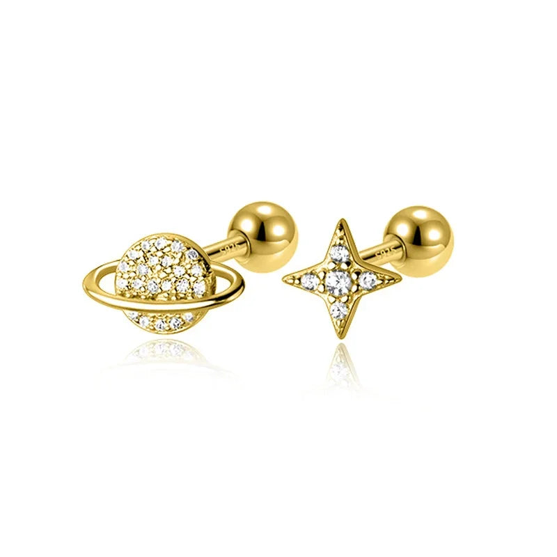 Fashion Asymmetric Planet Star CZ Screw Stud Earrings DA2514