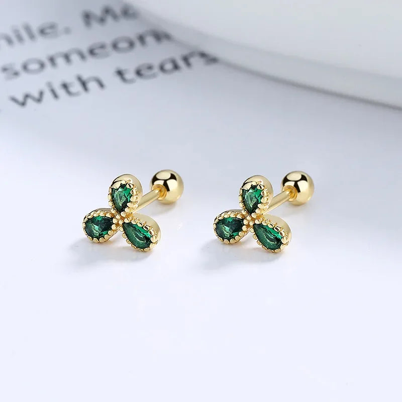 Flower Green CZ Beads Screw Stud Earrings DA2383