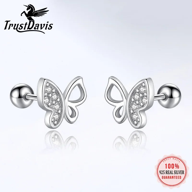 TrustDavis Real 925 Sterling Silver Fashion Insect Butterfly CZ Screw Stud Earrings For Women Wedding Party Fine Jewelry DB1156