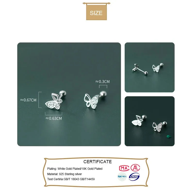 TrustDavis Real 925 Sterling Silver Fashion Insect Butterfly CZ Screw Stud Earrings For Women Wedding Party Fine Jewelry DB1156
