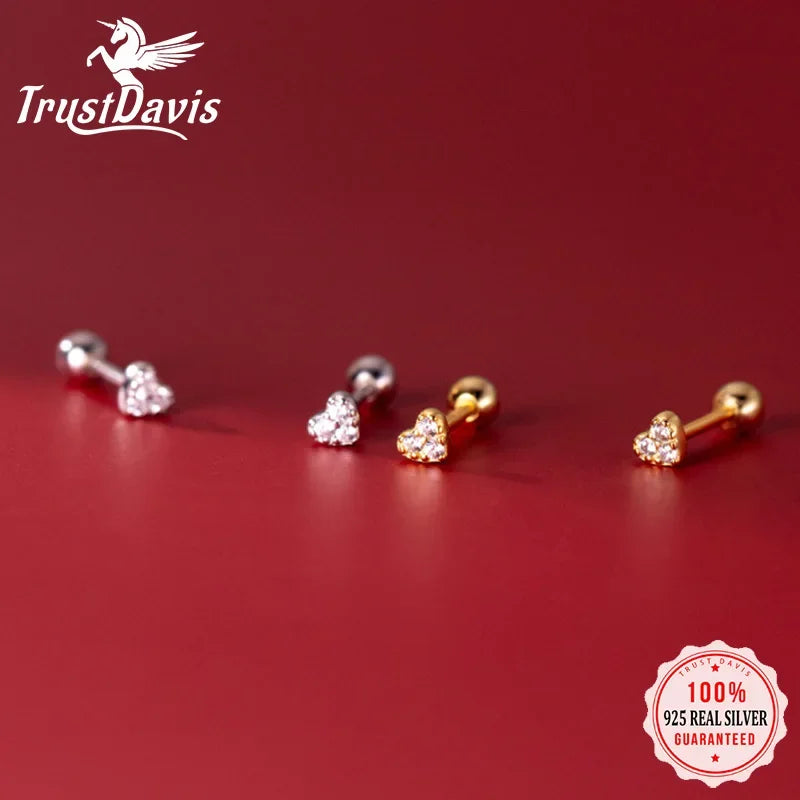 TrustDavis Real 925 Sterling Silver Fashion Mini Romantic Heart CZ Bead Screw Stud Earrings For Women Wedding Jewelry DA2507