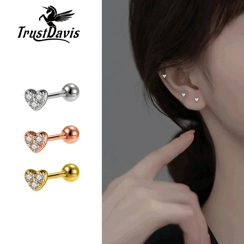 TrustDavis Real 925 Sterling Silver Fashion Mini Romantic Heart CZ Bead Screw Stud Earrings For Women Wedding Jewelry DA2507