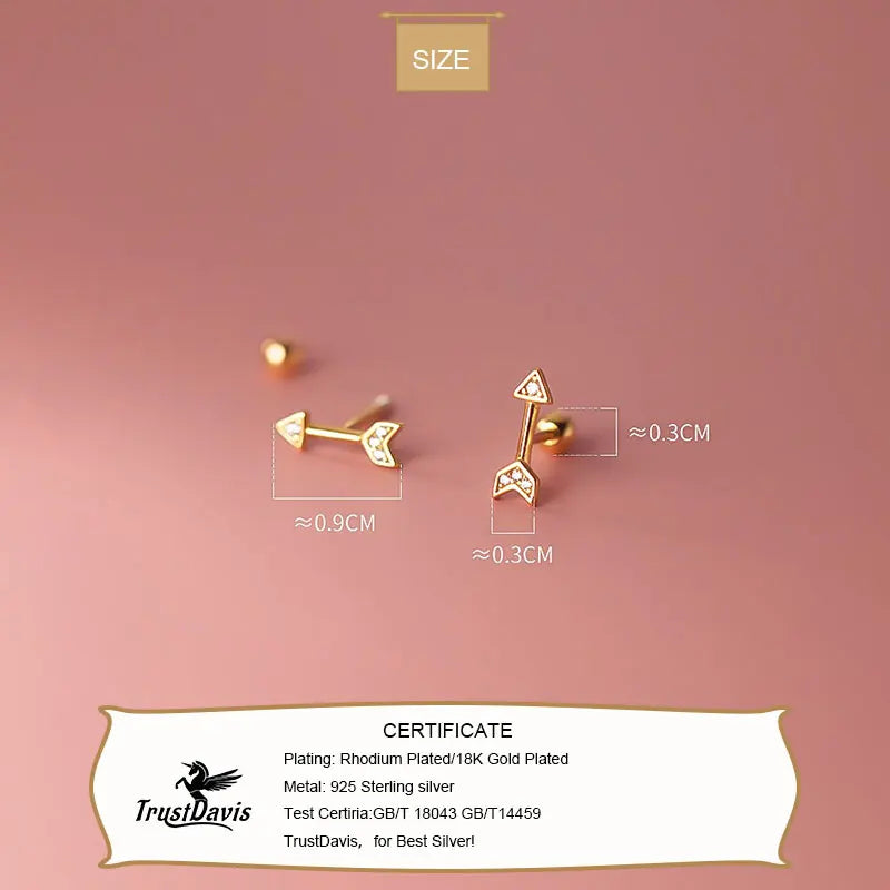 TrustDavis Real 925 Sterling Silver Fashion Sweet Arrow Shiny CZ Screw Stud Earrings For Women Office Lady Fine Jewelry DG0136