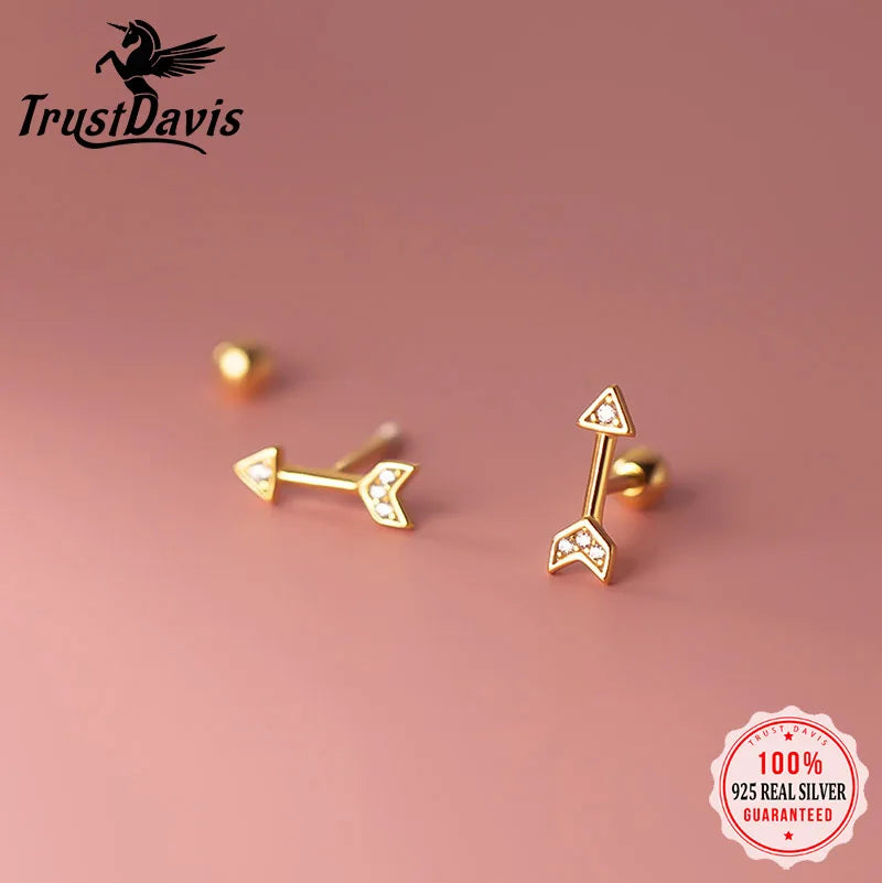 TrustDavis Real 925 Sterling Silver Fashion Sweet Arrow Shiny CZ Screw Stud Earrings For Women Office Lady Fine Jewelry DG0136