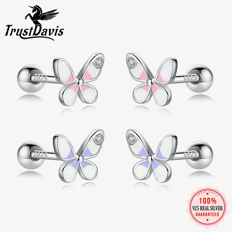 TrustDavis Real 925 Sterling Silver Fashion Sweet Mini Insect Butterfly Screw Stud Earrings For Women Wedding Fine Jewelry DB082