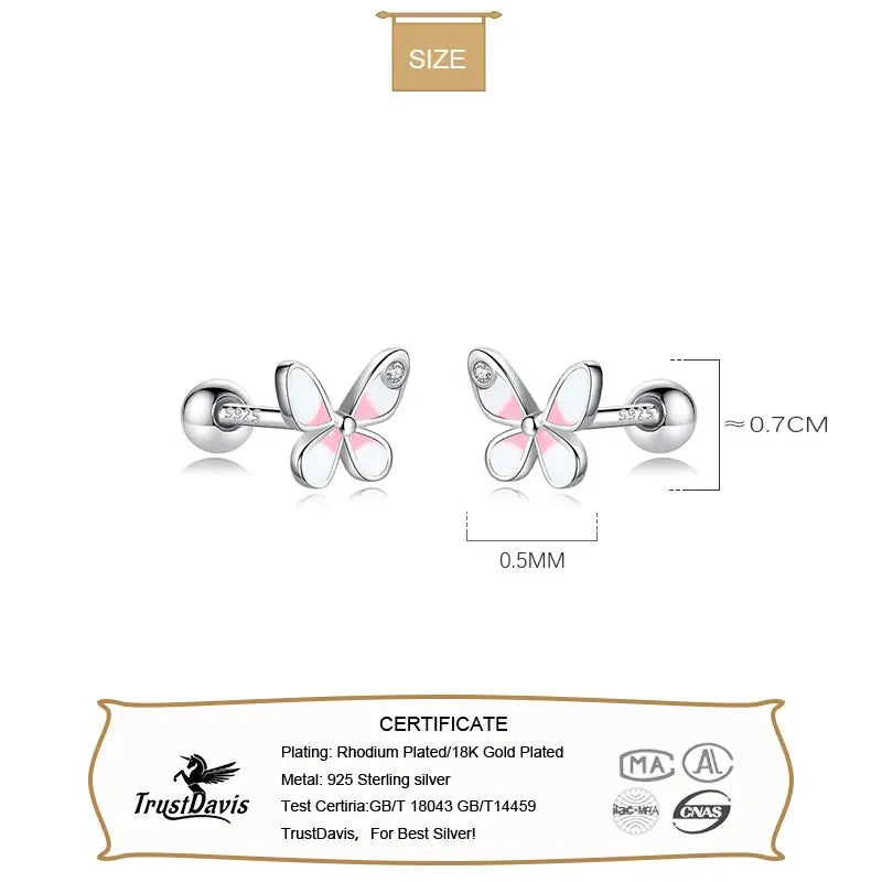 TrustDavis Real 925 Sterling Silver Fashion Sweet Mini Insect Butterfly Screw Stud Earrings For Women Wedding Fine Jewelry DB082