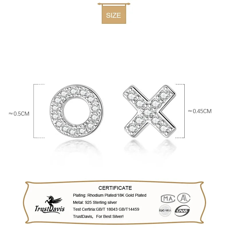 TrustDavis Real 925 Sterling Silver Fashion Tiny Asymmetric X O Dazzling CZ Charm Stud Earrings For Women Wedding Jewelry DA2116