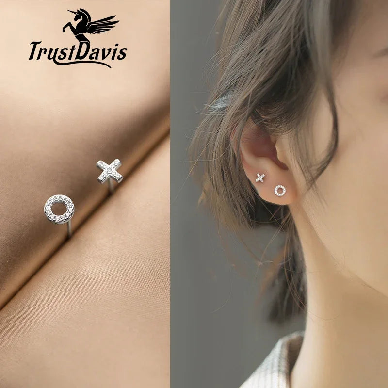 TrustDavis Real 925 Sterling Silver Fashion Tiny Asymmetric X O Dazzling CZ Charm Stud Earrings For Women Wedding Jewelry DA2116