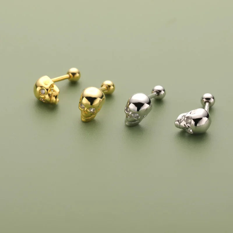 Gold SKull Head Skeleton CZ Screw Stud Earrings DA3188