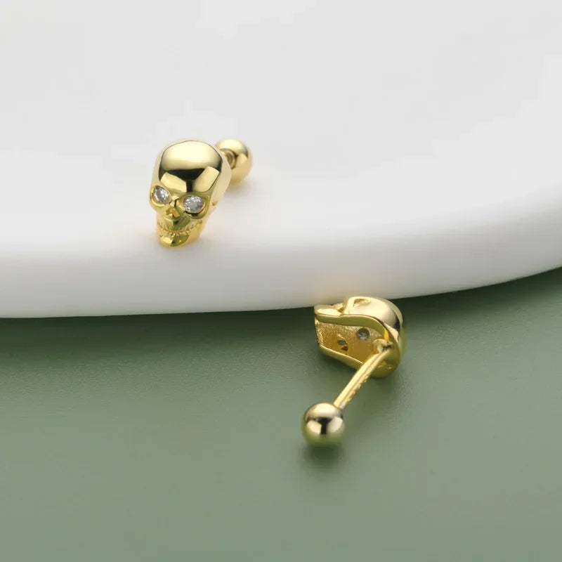 Gold SKull Head Skeleton CZ Screw Stud Earrings DA3188