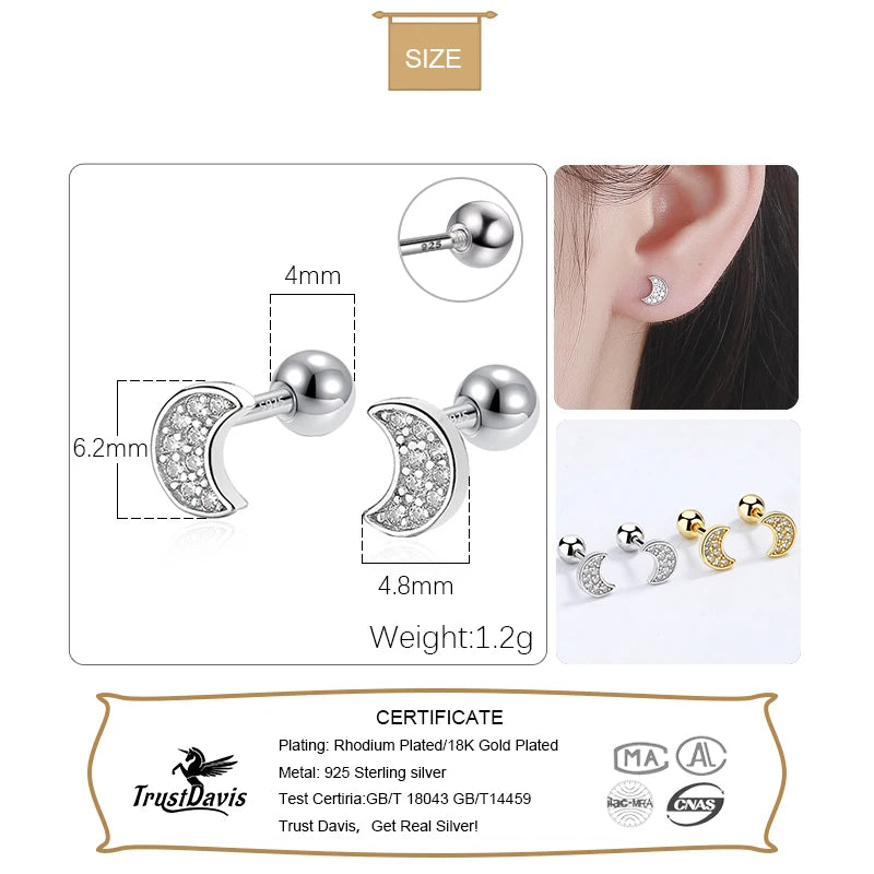 TrustDavis Real 925 Sterling Silver Moon CZ Bead Screw Stud Earrings For Women Wedding Valentine's Day Fine Jewelry Gift DA2865