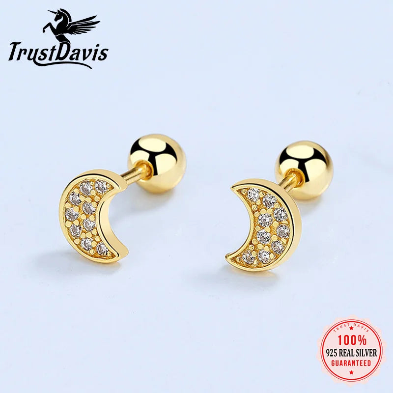 TrustDavis Real 925 Sterling Silver Moon CZ Bead Screw Stud Earrings For Women Wedding Valentine's Day Fine Jewelry Gift DA2865